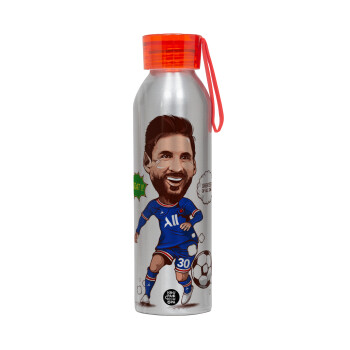 Lionel Messi drawing, Αλουμινένιο Αθλητικό Μπουκάλι 650ml – Ασημί με Κόκκινο Καπάκι και Λουράκι Σιλικόνης
