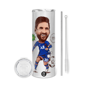 Lionel Messi drawing, Eco friendly stainless steel tumbler 600ml, with metal straw & cleaning brush