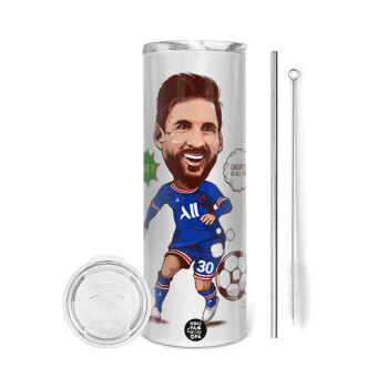 Lionel Messi drawing, Tumbler ποτήρι θερμό από ανοξείδωτο ατσάλι 600ml, με μεταλλικό καλαμάκι & βούρτσα καθαρισμού