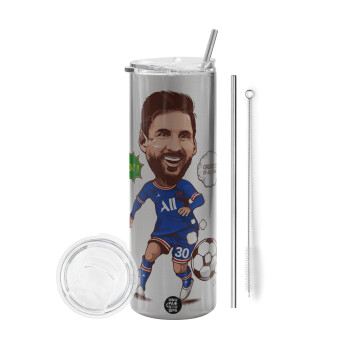 Lionel Messi drawing, Tumbler stainless steel Silver 600ml, with metal straw & cleaning brush