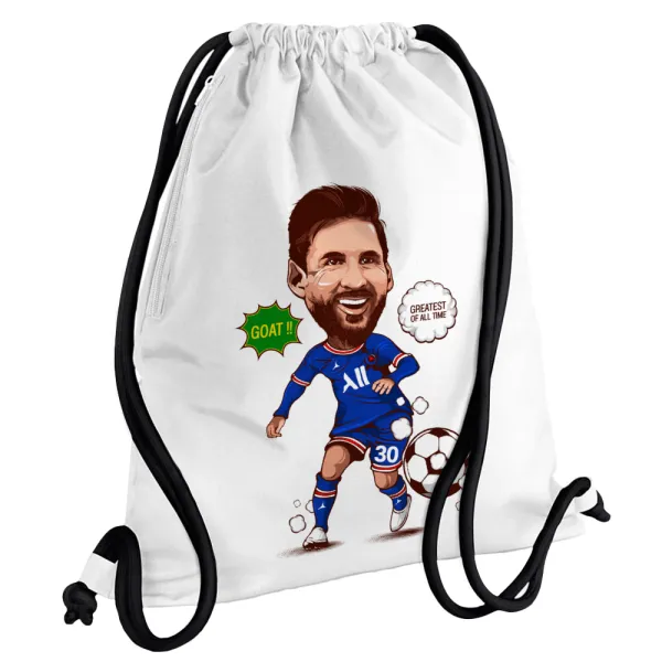Lionel Messi drawing — Τσάντα πλάτης πουγκί GYMBAG λευκή, με τσέπη (40x48cm) & χονδρά κορδόνια