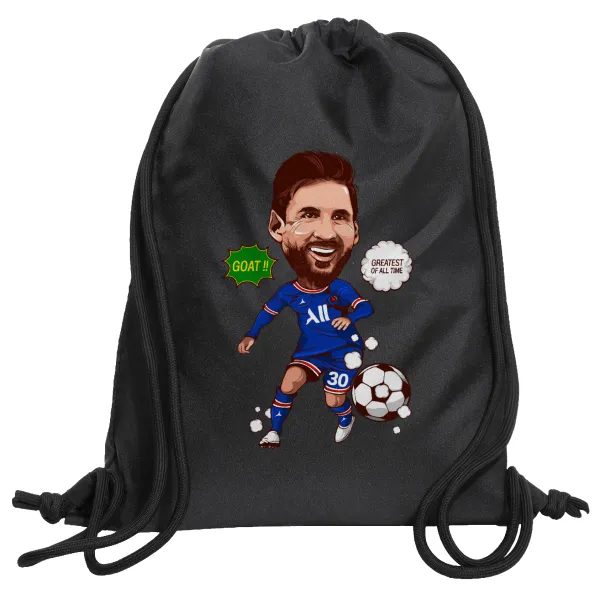 Lionel Messi drawing — Τσάντα πλάτης πουγκί GYMBAG Μαύρη, με τσέπη (40x48cm) & χονδρά κορδόνια