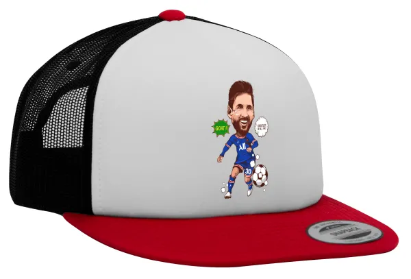 Lionel Messi drawing — Adult Foam Flat Snapback with Mesh Red-White-Black (POLYESTER, ADULT, UNISEX, ONE SIZE)