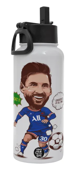 Lionel Messi drawing — Metal mug thermo White with Straw and Spout Lid (Stainless steel), double wall, 950ml