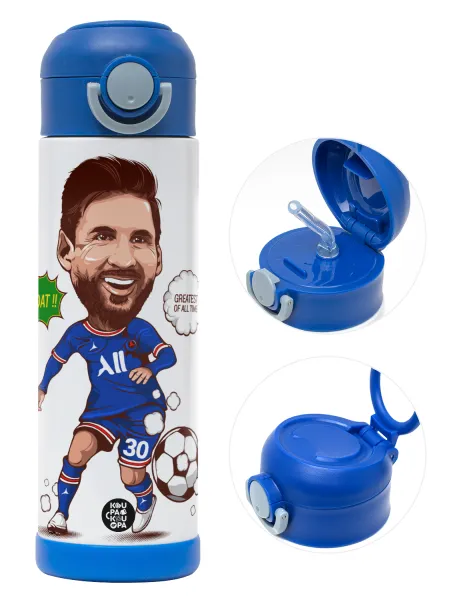 Lionel Messi drawing — Παιδικό παγούρι θερμό, ανοξείδωτο, με καλαμάκι ασφαλείας, ΜΠΛΕ (500ml)