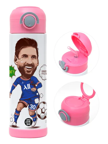 Lionel Messi drawing — Παιδικό παγούρι θερμό, ανοξείδωτο, με καλαμάκι ασφαλείας, ΡΟΖ (500ml)