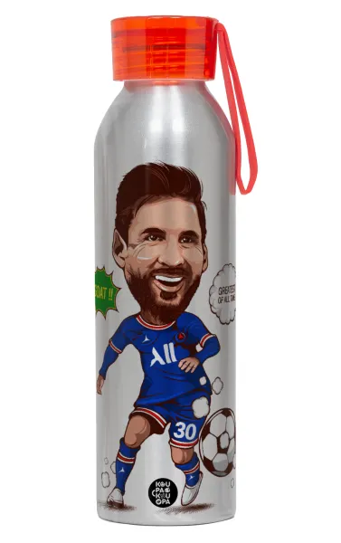 Lionel Messi drawing — Αλουμινένιο Αθλητικό Μπουκάλι 650ml – Ασημί με Κόκκινο Καπάκι και Λουράκι Σιλικόνης