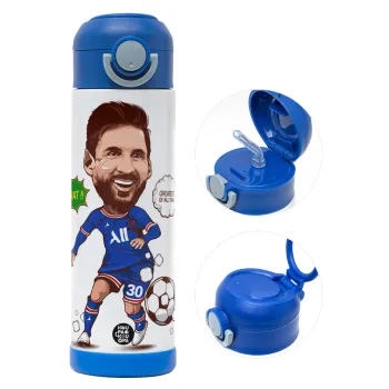 Lionel Messi drawing, Παιδικό παγούρι θερμό, ανοξείδωτο, με καλαμάκι ασφαλείας, ΜΠΛΕ (500ml)