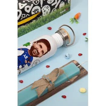 Lionel Messi drawing, Πασχαλινή Λαμπάδα με παγούρι μεταλλικό (620ml, stainless steel) & κερί αρωματικό πλακέ (30cm) (ΤΙΡΚΟΥΑΖ)