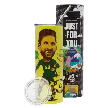 Lionel Messi drawing, Neon Yellow Travel Tumbler θερμό, μεταλλικό καλαμάκι(Ανωξείδωτο 304 Food grade, BPA free, 600ml)