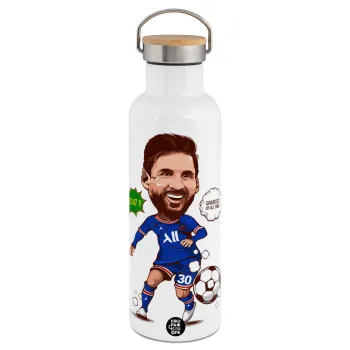 Lionel Messi drawing, Μεταλλικό παγούρι θερμός (Stainless steel) Λευκό με ξύλινο καπάκι (bamboo), διπλού τοιχώματος, 750ml