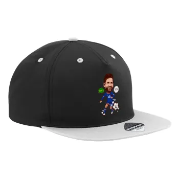 Lionel Messi drawing, Adult Flat Snapback Hat Black/Grey, (100% COTTON TWILL, ADULT, UNISEX, ONE SIZE)