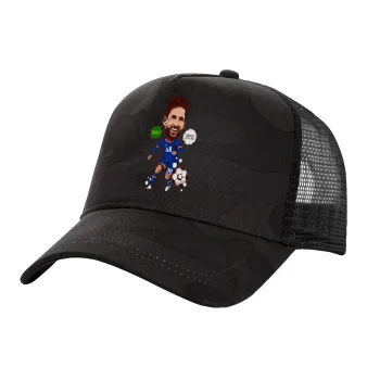 Lionel Messi drawing, Adult Structured Trucker Hat, with Mesh, Dark Army (100% COTTON, ADULT, UNISEX, ONE SIZE)