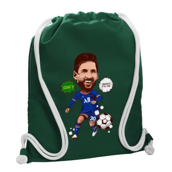 Lionel Messi drawing, Backpack pouch GYMBAG BOTTLE GREEN, with pocket (40x48cm) & thick white cords