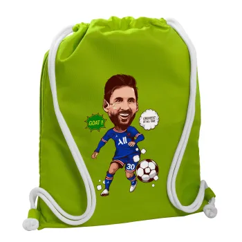 Lionel Messi drawing, Backpack bag GYMBAG LIME GREEN, with pocket (40x48cm) & thick cords