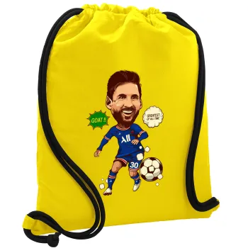 Lionel Messi drawing, Backpack pouch GYMBAG Yellow, with pocket (40x48cm) & thick cords