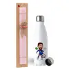 Easter Set, metallic stainless steel water bottle (750ml) & scented flat Easter candle (30cm) (PINK)
