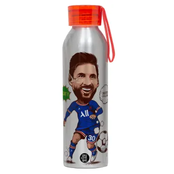 Lionel Messi drawing, Αλουμινένιο Αθλητικό Μπουκάλι 650ml – Ασημί με Κόκκινο Καπάκι και Λουράκι Σιλικόνης