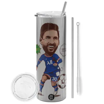 Lionel Messi drawing, Tumbler ποτήρι θερμό Ασημένιο από ανοξείδωτο ατσάλι 600ml, με μεταλλικό καλαμάκι & βούρτσα καθαρισμού