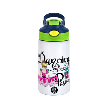 Dancing is my Passion, Children's hot water bottle, stainless steel, with safety straw, green, blue (350ml)