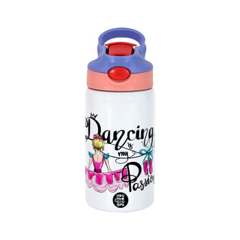 Dancing is my Passion, Children's hot water bottle, stainless steel, with safety straw, pink/purple (350ml)