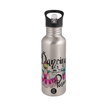 Dancing is my Passion, Water bottle Silver with straw, stainless steel 600ml