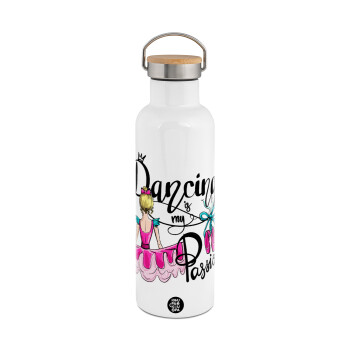 Dancing is my Passion, Stainless steel White with wooden lid (bamboo), double wall, 750ml
