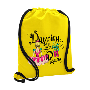 Dancing is my Passion, Τσάντα πλάτης πουγκί GYMBAG Κίτρινη, με τσέπη (40x48cm) & χονδρά κορδόνια
