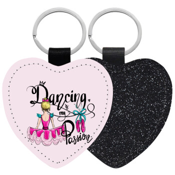 Dancing is my Passion, Μπρελόκ PU δερμάτινο glitter καρδιά ΜΑΥΡΟ