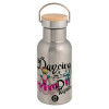 Stainless steel metallic thermos flask, silver with a bamboo lid, double-walled, 350ml.