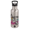 Water bottle Silver with straw, stainless steel 600ml