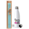 Easter Set, metallic stainless steel water bottle (750ml) & aromatic flat Easter candle (30cm) (TURQUOISE)