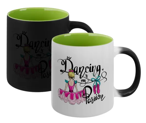 Dancing is my Passion — Magic mug with green interior, ceramic, 330ml, changes colour with hot drinks