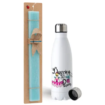 Dancing is my Passion, Easter Set, metallic stainless steel water bottle (750ml) & aromatic flat Easter candle (30cm) (TURQUOISE)