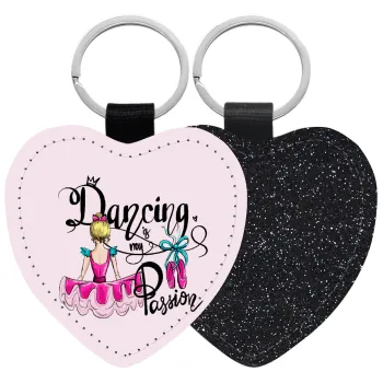 Dancing is my Passion, Μπρελόκ PU δερμάτινο glitter καρδιά ΜΑΥΡΟ