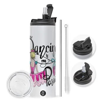 Dancing is my Passion, Travel Tumbler θερμό με διπλό καπάκι, μεταλλικό καλαμάκι και βούρτσα καθαρισμού (Ανωξείδωτο 304 Food grade, BPA free, 600ml)