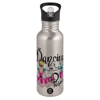 Dancing is my Passion, Παγούρι νερού Ασημένιο με καλαμάκι, ανοξείδωτο ατσάλι 600ml