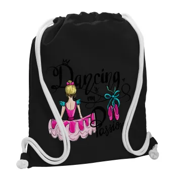 Dancing is my Passion, Τσάντα πλάτης πουγκί GYMBAG Μαύρη, με τσέπη (40x48cm) & χονδρά λευκά κορδόνια