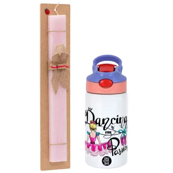 Dancing is my Passion, Easter Set, Children's thermal stainless steel water bottle with safety straw, pink/purple (350ml) & Easter scented flat candle (30cm) (PINK)