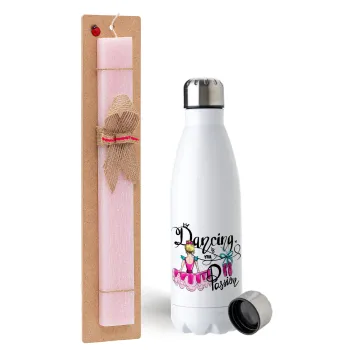 Dancing is my Passion, Easter Set, metallic stainless steel water bottle (750ml) & scented flat Easter candle (30cm) (PINK)