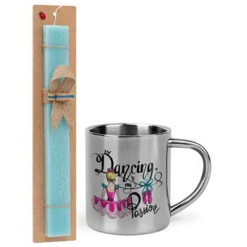 Dancing is my Passion, Easter Set, metallic thermal cup (300ml) & aromatic flat Easter candle (30cm) (TURQUOISE)