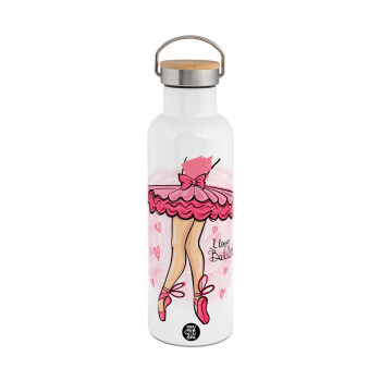 I Love Ballet, Stainless steel White with wooden lid (bamboo), double wall, 750ml