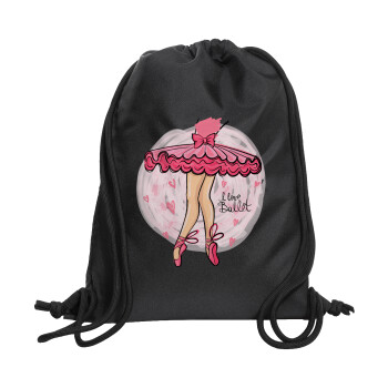 I Love Ballet, Τσάντα πλάτης πουγκί GYMBAG Μαύρη, με τσέπη (40x48cm) & χονδρά κορδόνια