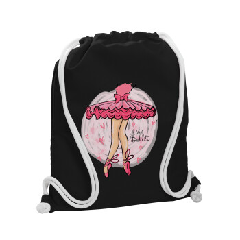 I Love Ballet, Τσάντα πλάτης πουγκί GYMBAG Μαύρη, με τσέπη (40x48cm) & χονδρά λευκά κορδόνια