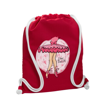 I Love Ballet, Τσάντα πλάτης πουγκί GYMBAG Κόκκινη, με τσέπη (40x48cm) & χονδρά κορδόνια