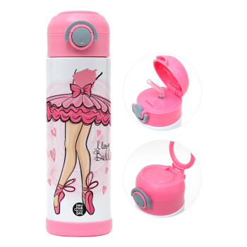 I Love Ballet, Παιδικό παγούρι θερμό, ανοξείδωτο, με καλαμάκι ασφαλείας, ΡΟΖ (500ml)