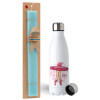 Easter Set, metallic stainless steel water bottle (750ml) & aromatic flat Easter candle (30cm) (TURQUOISE)