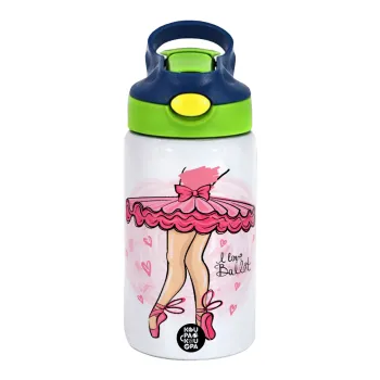 I Love Ballet, Children's hot water bottle, stainless steel, with safety straw, green, blue (350ml)