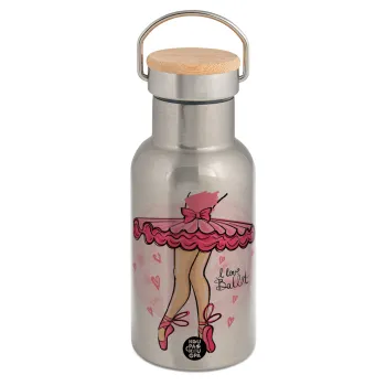 I Love Ballet, Μεταλλικό παγούρι θερμός (Stainless steel) Ασημένιο με ξύλινο καπακι (bamboo), διπλού τοιχώματος, 350ml