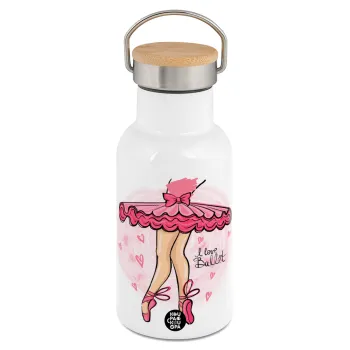 I Love Ballet, Μεταλλικό παγούρι θερμός (Stainless steel) Λευκό με ξύλινο καπακι (bamboo), διπλού τοιχώματος, 350ml